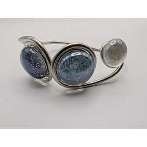 Artisan Silver Tone Bangle Bracelet Blue Glitter Glass Stones Statement Handmade